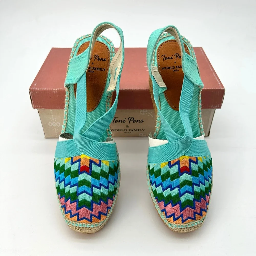 Espadrille Wedge Toni Pons Gardenia Womens Sz. 7.5 EU 38 Rainbow Embroidered NEW
